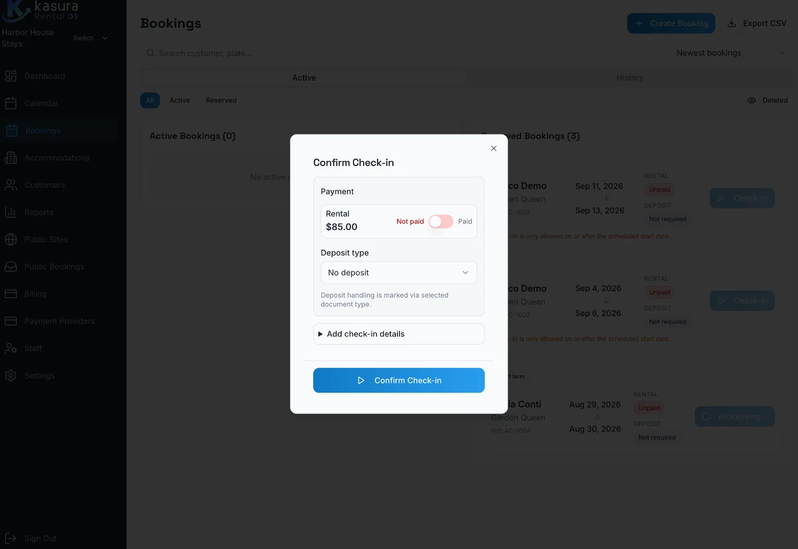 Kasura Confirm Check-in screen with rental payment status, deposit type and Confirm Check-in