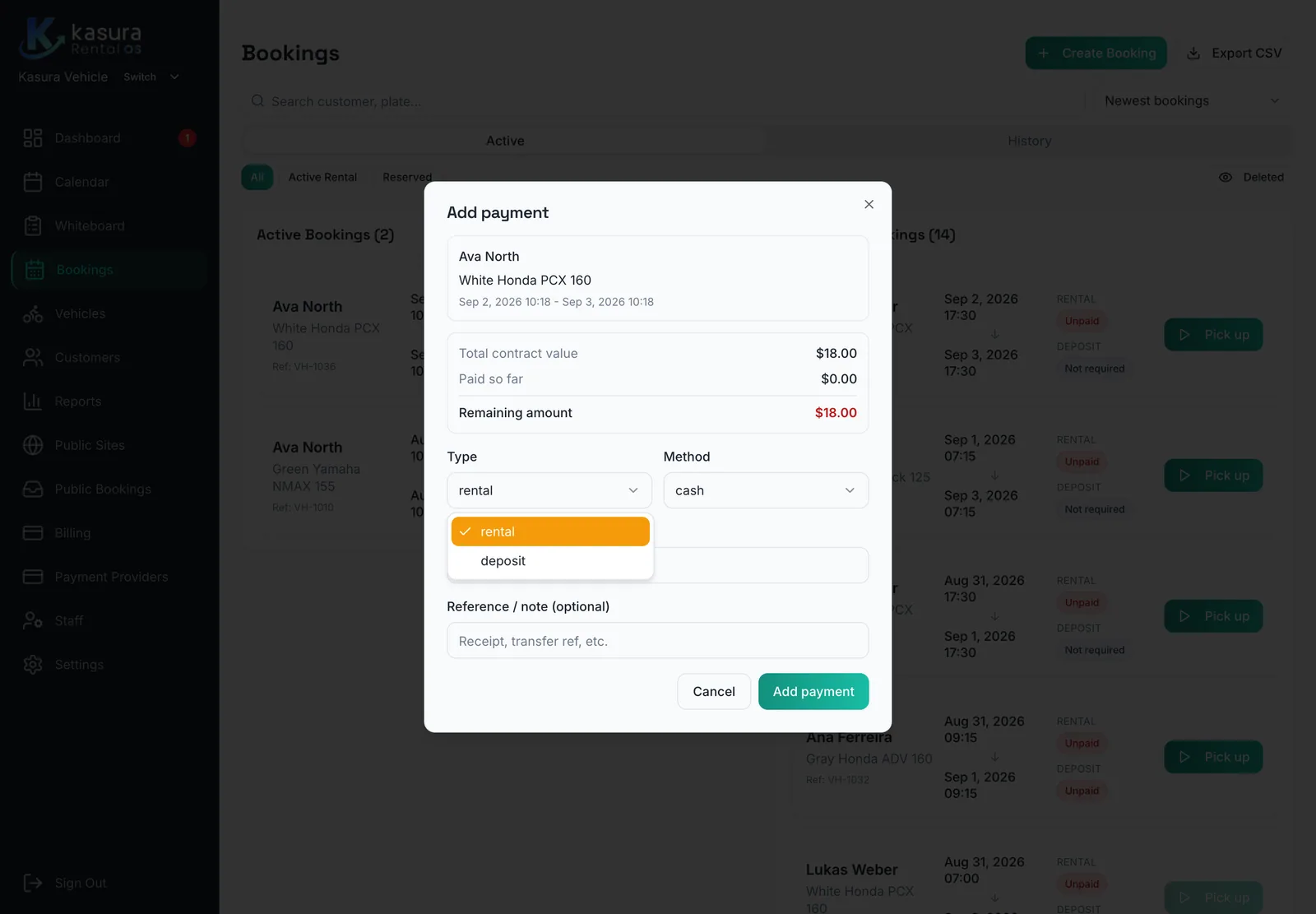 Add payment dialog showing rental or deposit type, cash method and remaining amount