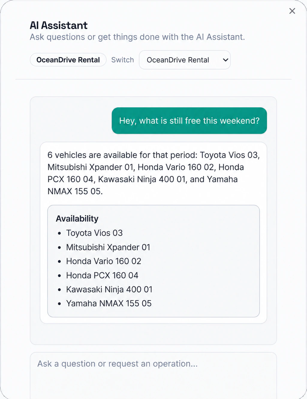 Kasura AI Agent listing vehicles that are still free this weekend in a vehicle workspace.