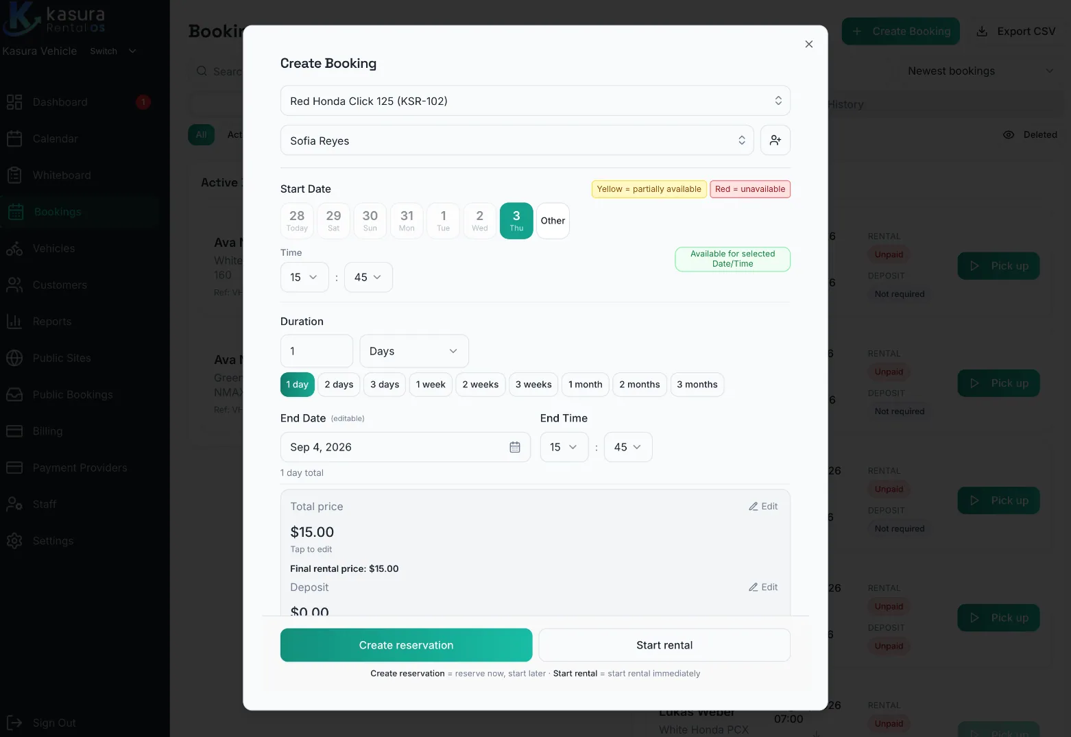 Create Booking dialog with a selected vehicle and customer, availability for the chosen time, rental price, deposit, and Create reservation or Start rental