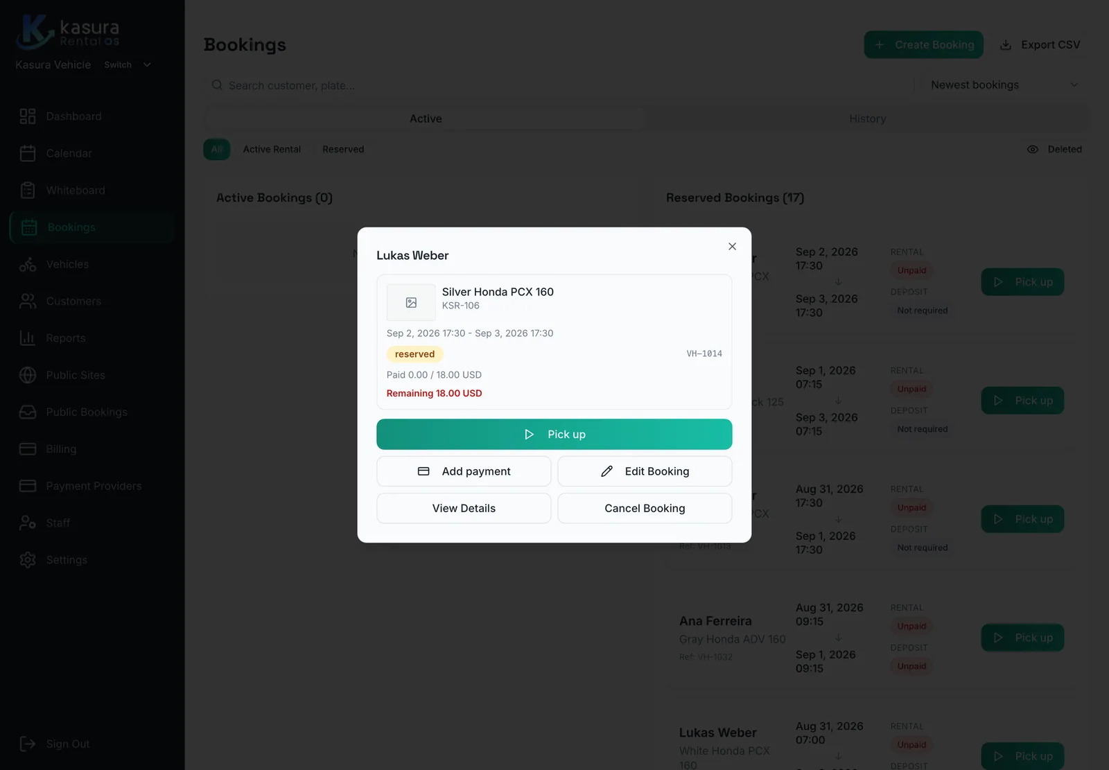 Booking detail dialog showing customer, vehicle, dates, remaining balance, pickup, add payment and edit