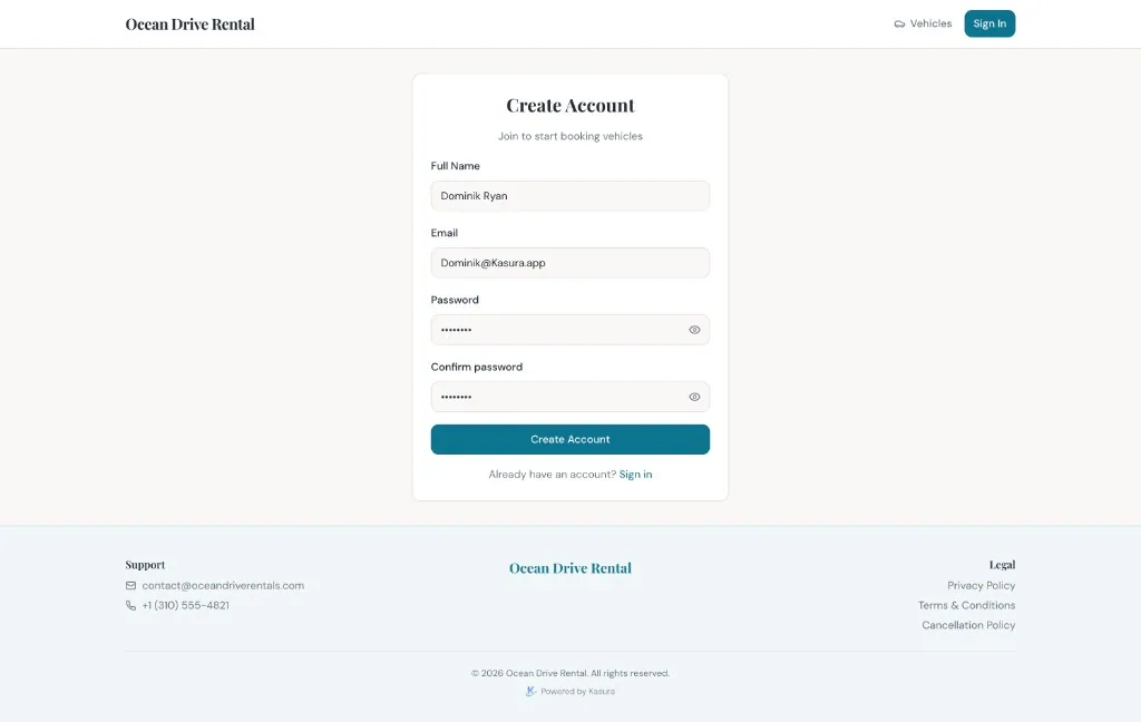 Create account form on a branded public booking website powered by Kasura