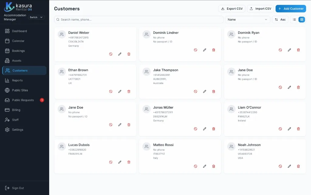 Kasura customer grid in an accommodation workspace, with names, phone numbers and ID fields