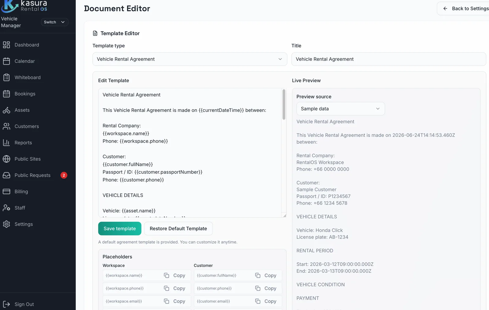 Kasura document editor with rental agreement template and live preview