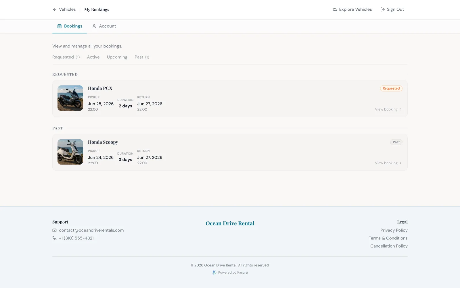 Customer portal My Bookings with requested and past booking cards