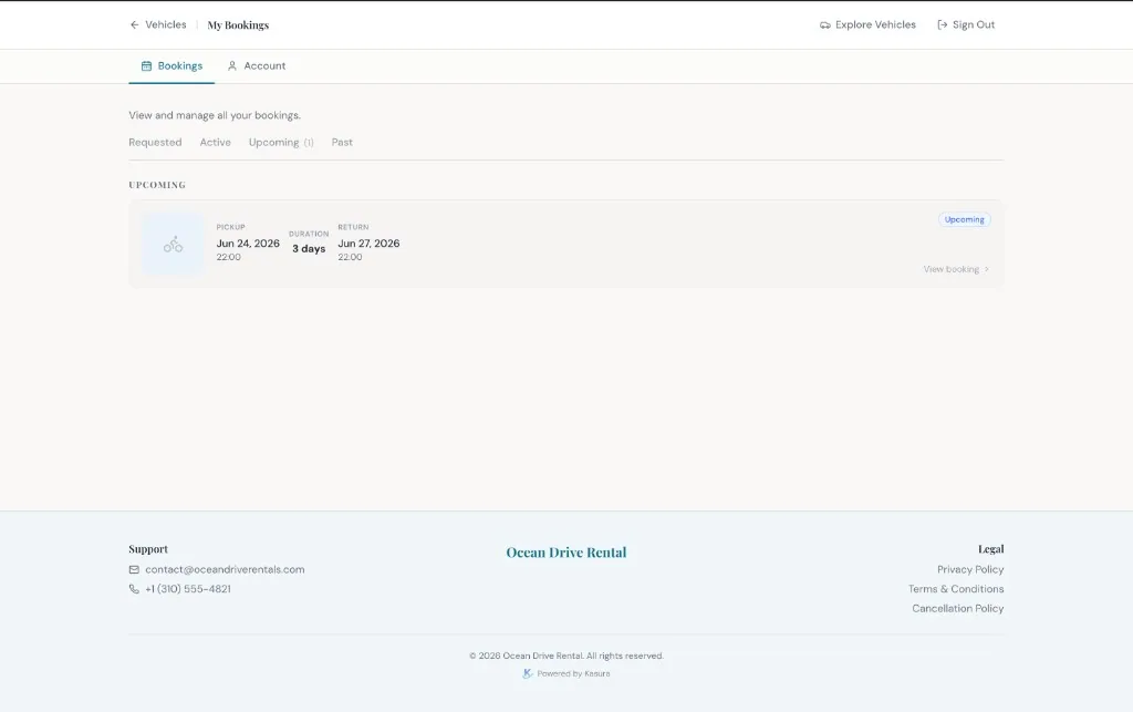 Customer portal My Bookings screen showing an upcoming vehicle rental with pickup and return dates