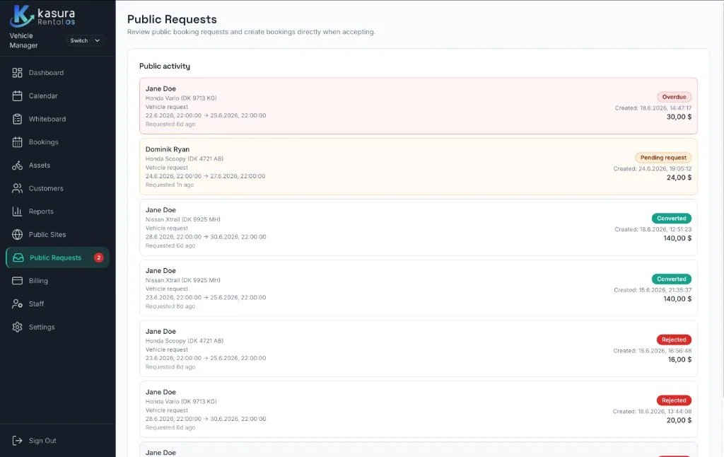 Public requests inbox showing incoming booking requests with pending, converted and rejected statuses
