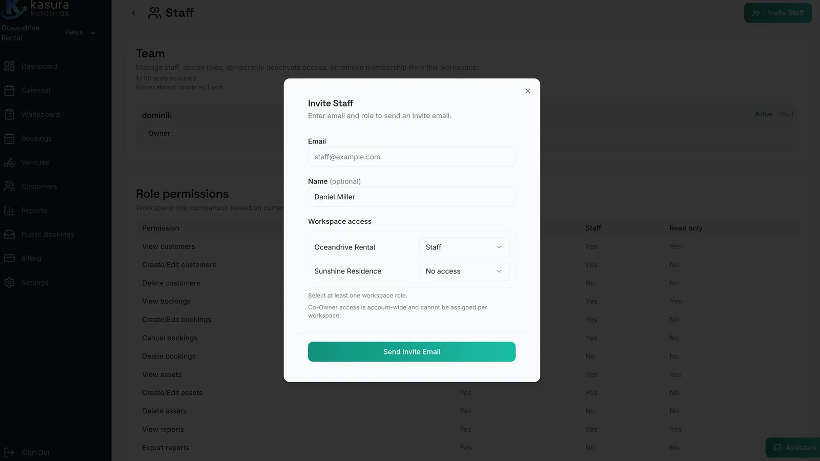 Kasura invite staff dialog with email, optional name and workspace role