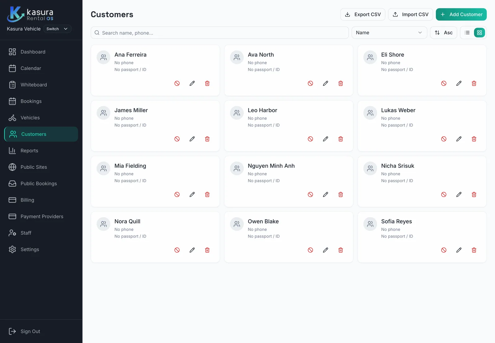 Kasura customer grid in a vehicle workspace, with names and stored contact fields
