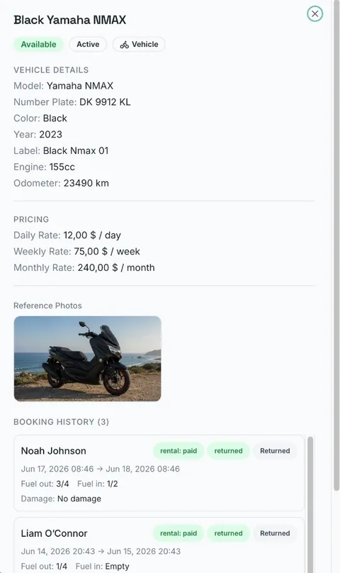 Kasura vehicle detail panel with odometer, pricing, reference photo and booking history showing fuel and damage notes