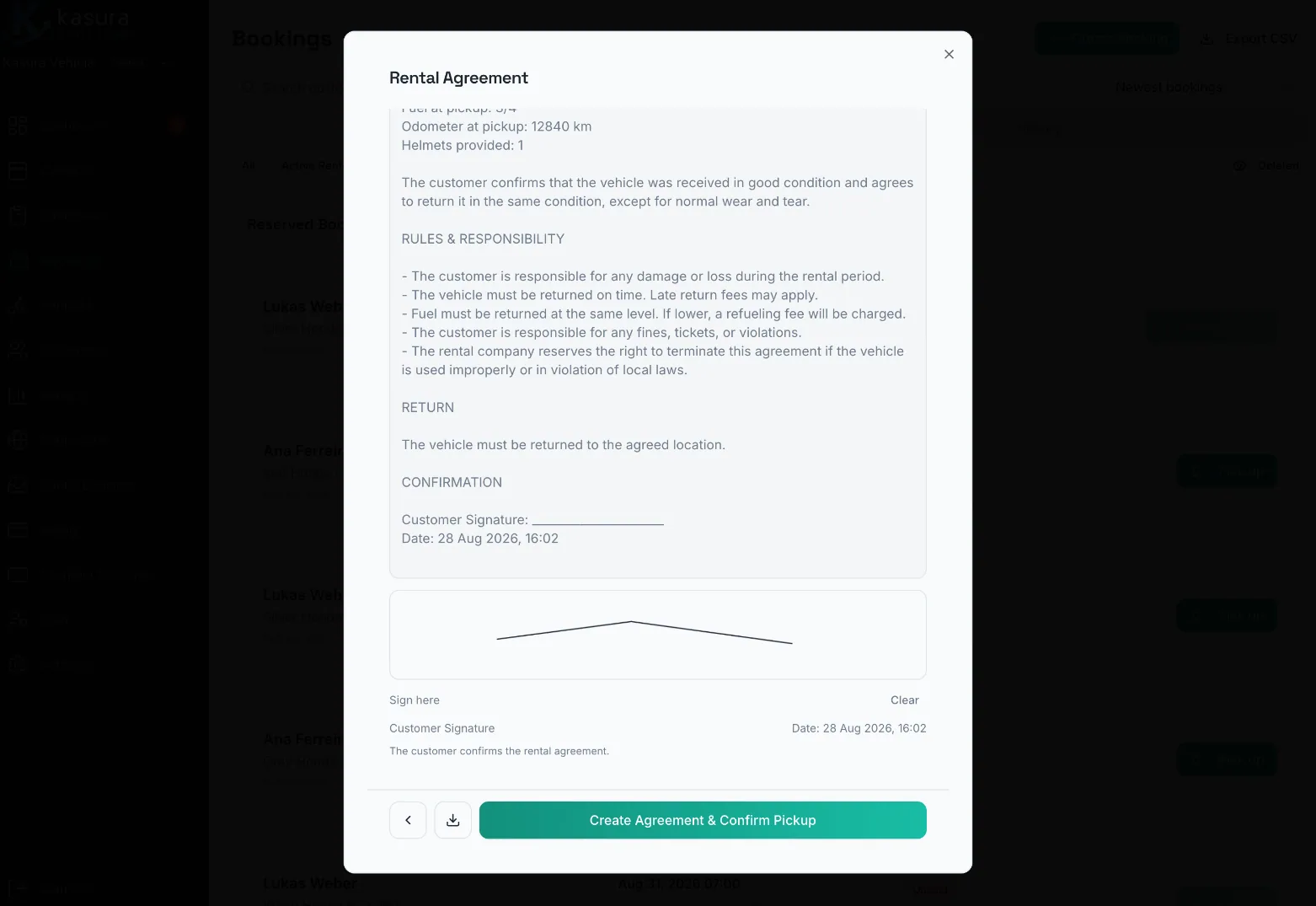 Kasura rental agreement on a desktop handover screen with a digital signature pad and confirm pickup