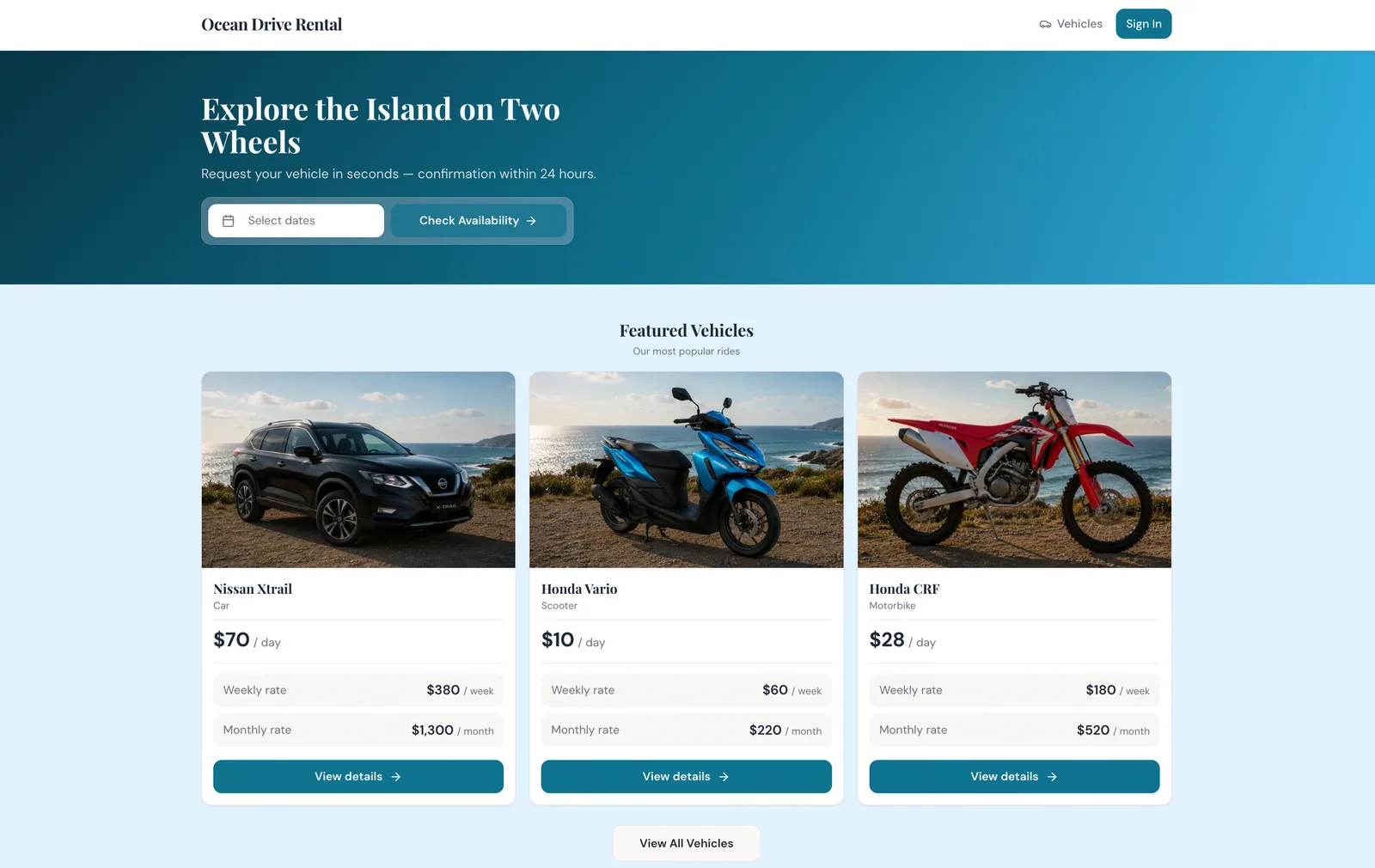 Public Kasura vehicle website with available rentals and booking requests