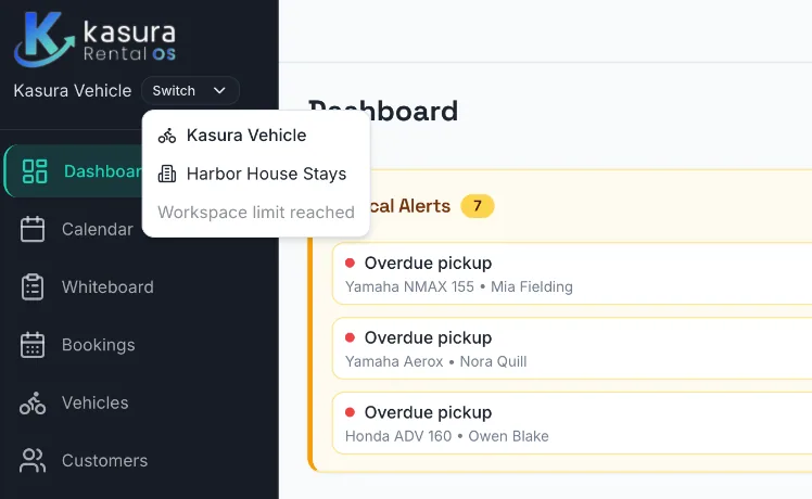 Kasura workspace switcher open on a vehicle workspace, listing a vehicle workspace and an accommodation workspace in the same account